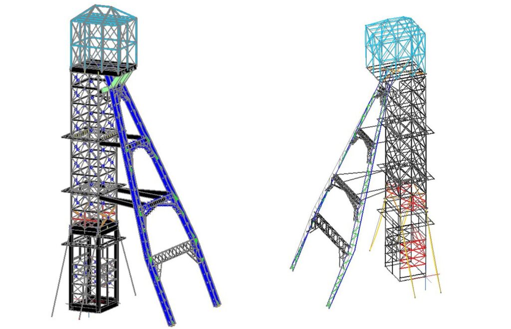 ©EQUILIBRE - Modèle aux éléments finis sous Acord du chevalement du Puits 2, CHM de Lewarde